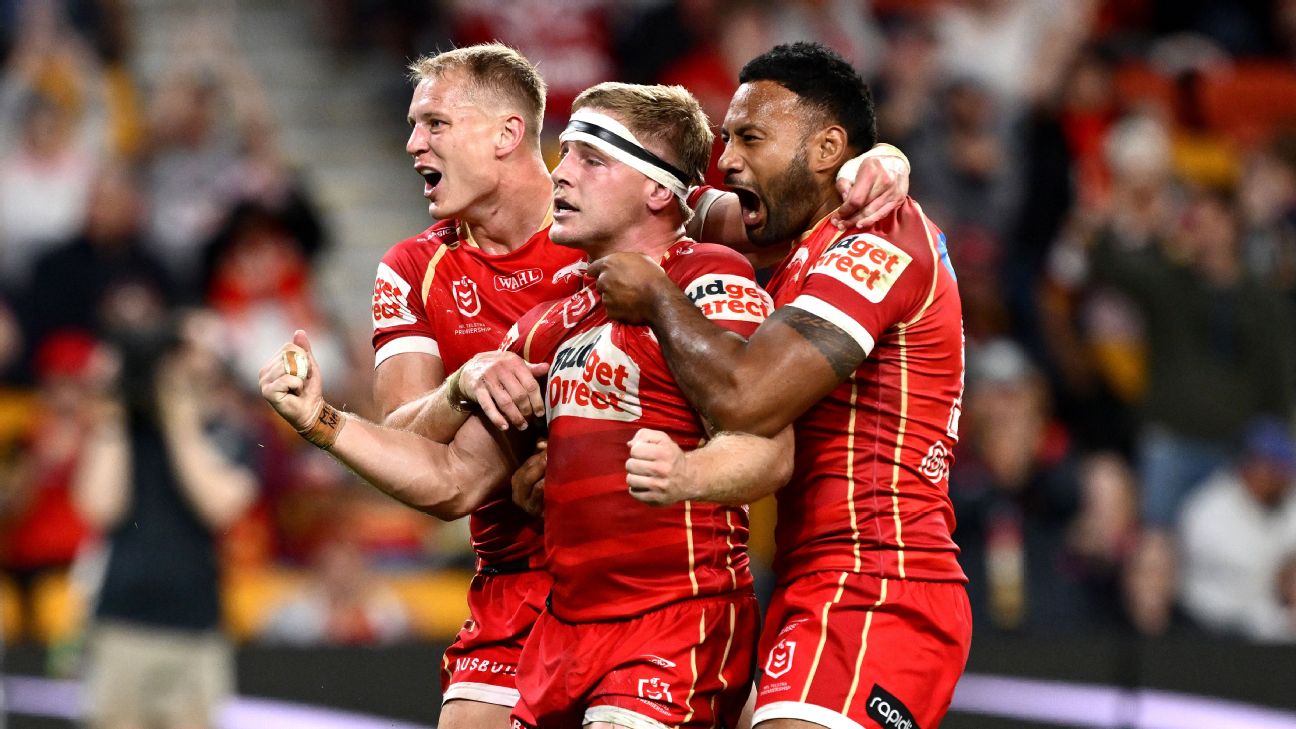 Max Plath celebrates a try for the Dolphins. — Article image accompanying Hammer time as Dolphins take giant leap towards finals on WagerUp Sports News.