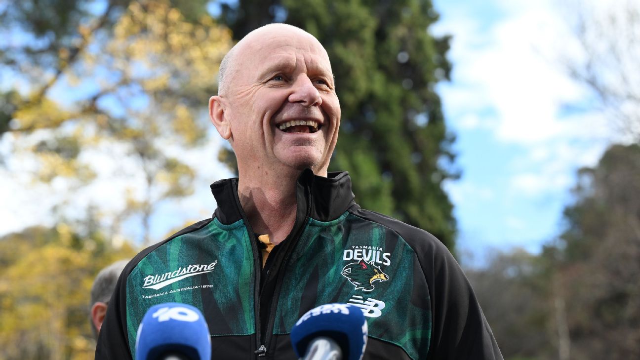 Ken Hinkley is announced as Tasmania's first AFL coach. — Article image accompanying 'Passion, history': Ken Hinkley officially named as inaugural Tasmania Devils coach on WagerUp Sports News. Ken Hinkley is announced as Tasmania's first AFL coach. — Article image accompanying 'Passion, history': Ken Hinkley officially named as inaugural Tasmania Devils coach on WagerUp Sports News.