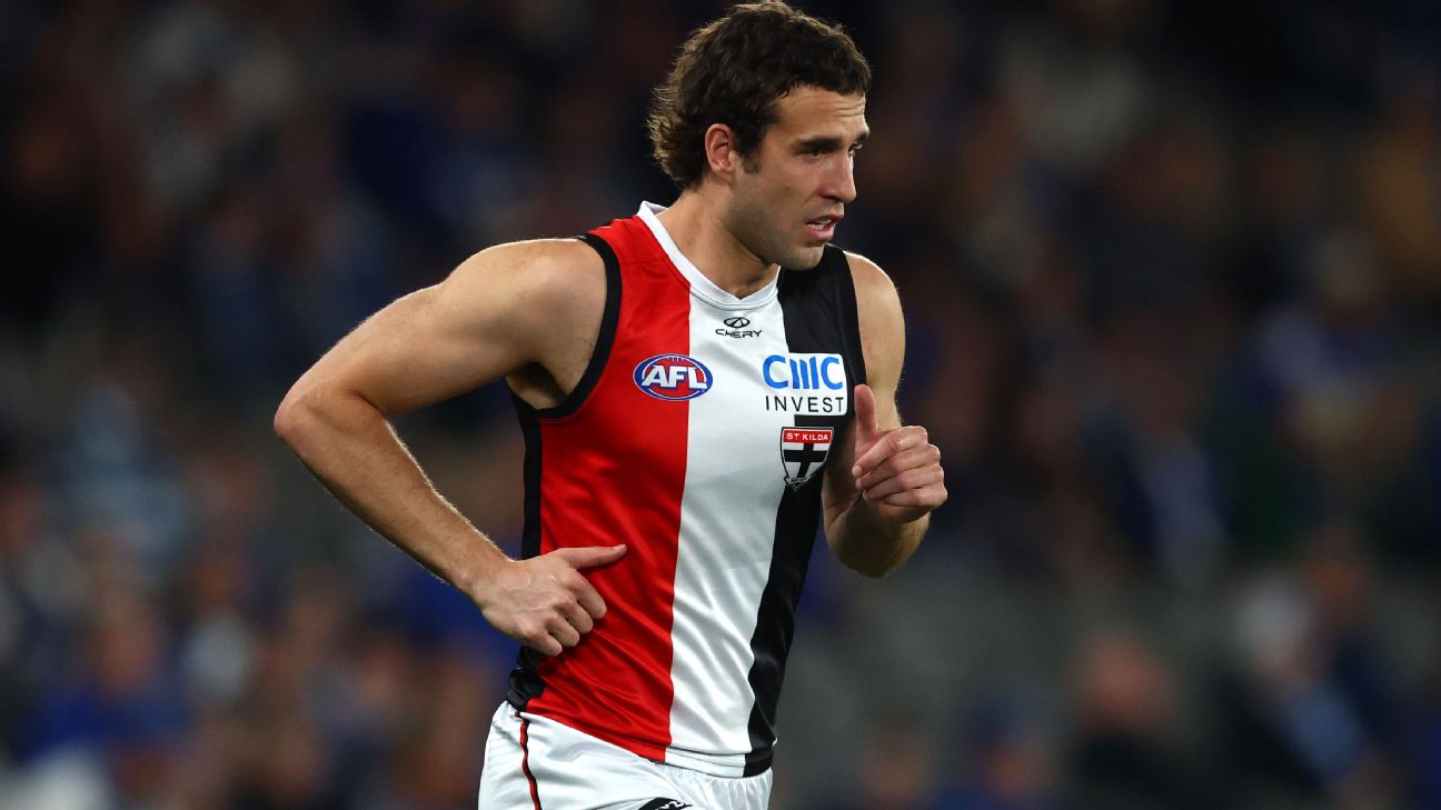 Max King failed to complete his first AFL game in 757 days, exiting St Kilda's match against North Melbourne due to hamstring tightness. — Article image accompanying 'Hindsight's 20-20': Fiery Lyon defends Saints after King's failed comeback on WagerUp Sports News. Max King failed to complete his first AFL game in 757 days, exiting St Kilda's match against North Melbourne due to hamstring tightness. — Article image accompanying 'Hindsight's 20-20': Fiery Lyon defends Saints after King's failed comeback on WagerUp Sports News.