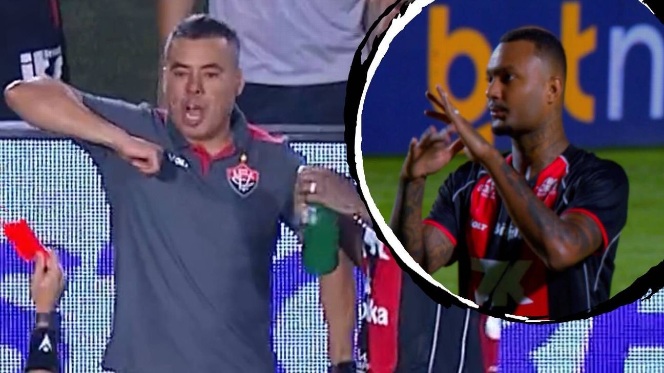 Jogador do Vitória faz 'sinal de roubo', é expulso, e Jair Ventura se revolta com árbitro: 'Cotovelada pode?'