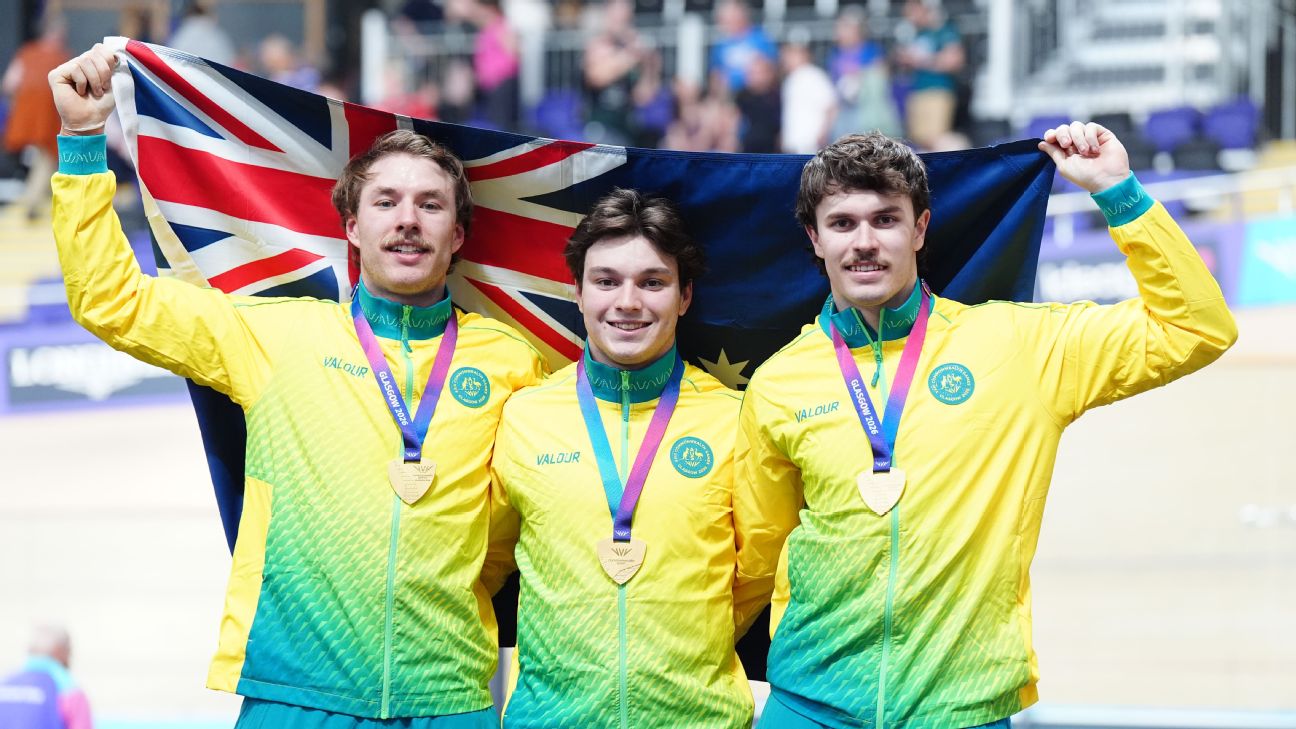 Daniel James Barber, Ryan Elliott, and Leigh Hoffman of Australia on the podium with their gold medals for the men's team sprint — Article image accompanying 'Good riddance': gold sprinters speak out on defection on WagerUp Sports News. Daniel James Barber, Ryan Elliott, and Leigh Hoffman of Australia on the podium with their gold medals for the men's team sprint — Article image accompanying 'Good riddance': gold sprinters speak out on defection on WagerUp Sports News.