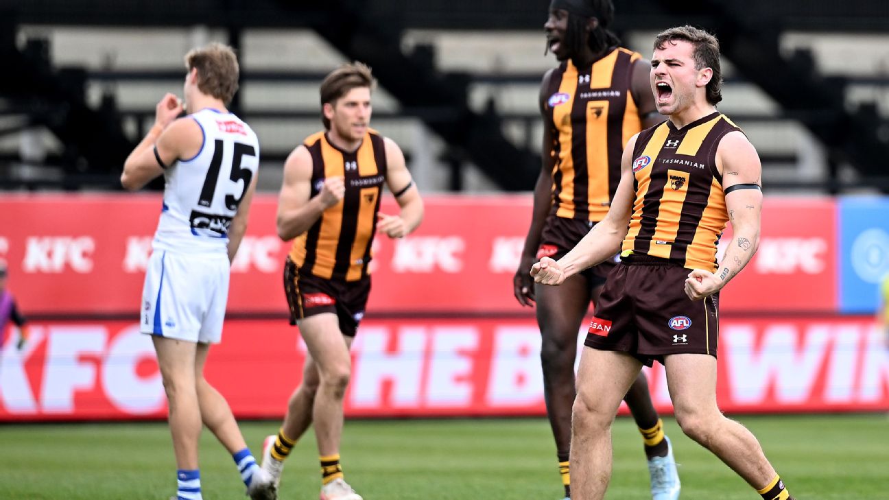 Nick Watson kicked five goals for the Hawks. — Article image accompanying Watson boots five as high flying Hawks beat gritty Roos on WagerUp Sports News. Nick Watson kicked five goals for the Hawks. — Article image accompanying Watson boots five as high flying Hawks beat gritty Roos on WagerUp Sports News.