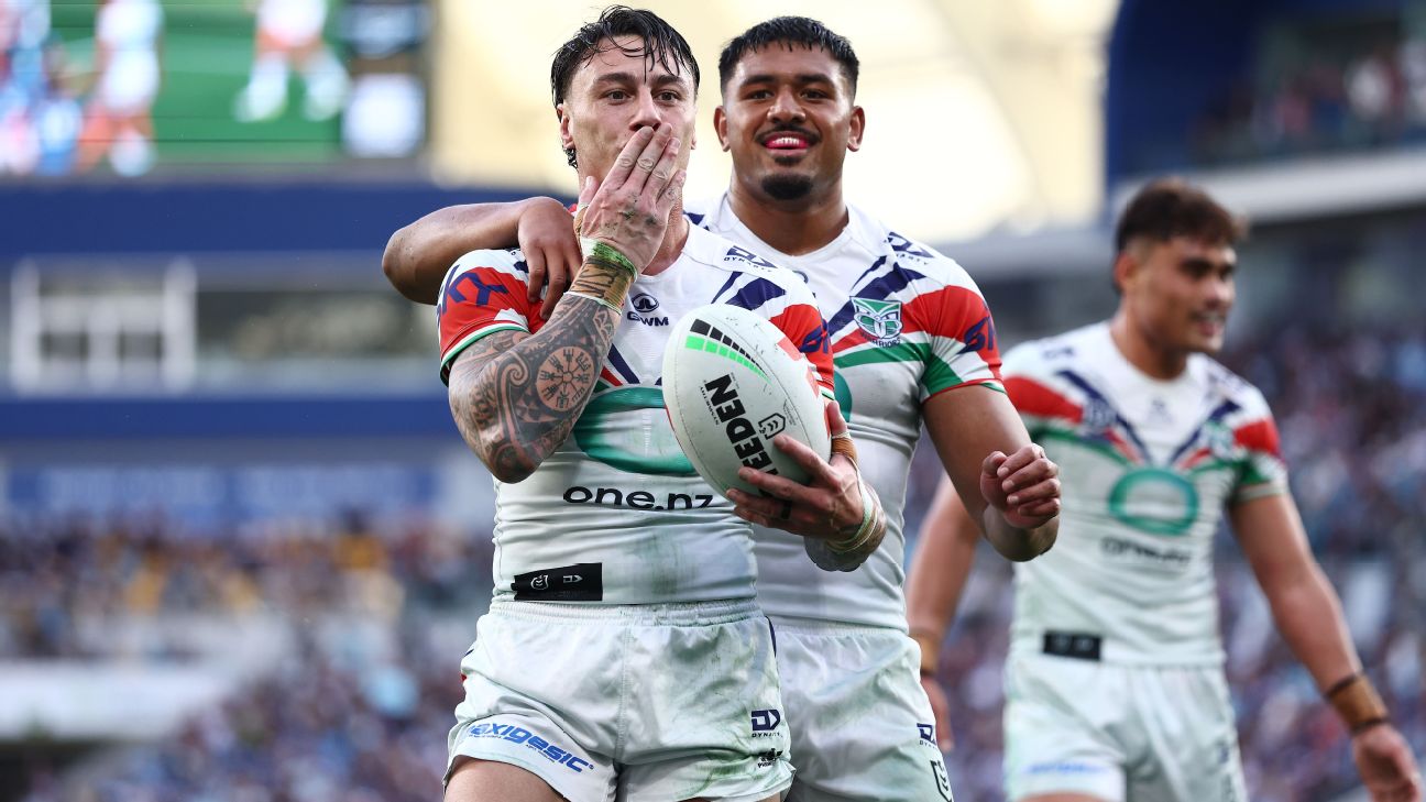 Charnze Nicoll-Klokstad celebrates a try for the Warriors. — Article image accompanying Eight-try Warriors crush Titans to stay in top-two race on WagerUp Sports News.