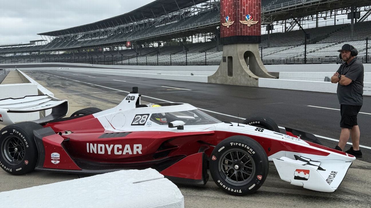 Reigning champion Alex Palou drives into the pit lane at Indianapolis Motor Speedway to test the new IndyCar model, which is set to start racing in 2028. — Article image accompanying Palou, Rossi give rave reviews after driving new IndyCar on WagerUp Sports News.