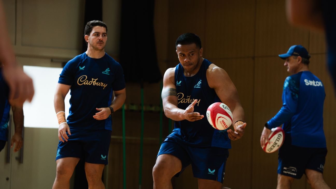 Allan Alaalatoa passes the ball at Wallabies training in Osaka — Article image accompanying Wallabies to battle heat, typhoon in Japanese Test on WagerUp Sports News. Allan Alaalatoa passes the ball at Wallabies training in Osaka — Article image accompanying Wallabies to battle heat, typhoon in Japanese Test on WagerUp Sports News.