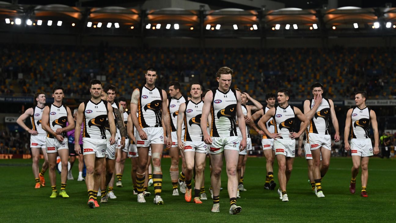Hawthorn players leave the field after defeat. — Article image accompanying 'We're a good side': Mitchell refuses to press panic button after Hawks rout on WagerUp Sports News. Hawthorn players leave the field after defeat. — Article image accompanying 'We're a good side': Mitchell refuses to press panic button after Hawks rout on WagerUp Sports News.