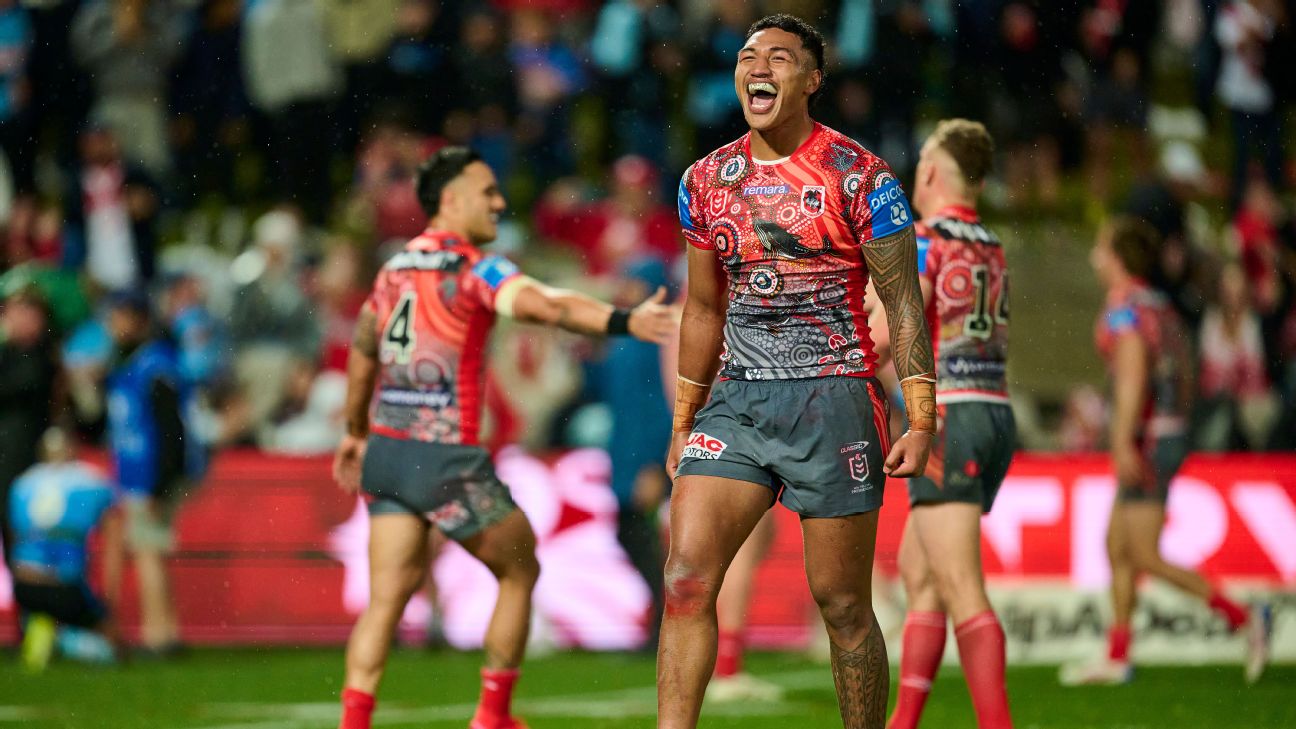 Loko Jnr Pasifiki Tonga celebrates the Dragons' win over Cronulla. — Article image accompanying 'It hurts': Dragons jolt Sharks' top-two finals hopes on WagerUp Sports News.