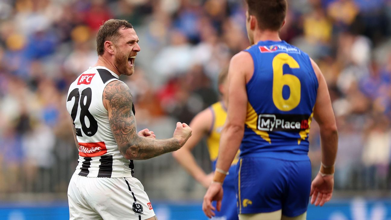 Tim Membrey celebrates a goal for the Magpies. — Article image accompanying Daicos-inspired Pies down Eagles to lock in finals spot on WagerUp Sports News.
