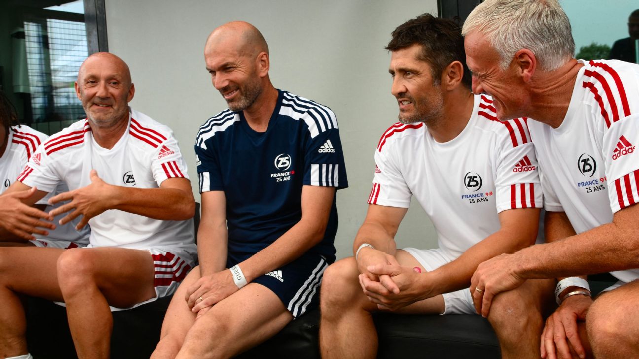 Fabien Barthez (left) is joining Zinedine Zidane's (2nd left) France coaching staff. — Article image accompanying Fabien Barthez reunited with Zinedine Zidane as France GK coach on WagerUp Sports News. Fabien Barthez (left) is joining Zinedine Zidane's (2nd left) France coaching staff. — Article image accompanying Fabien Barthez reunited with Zinedine Zidane as France GK coach on WagerUp Sports News.
