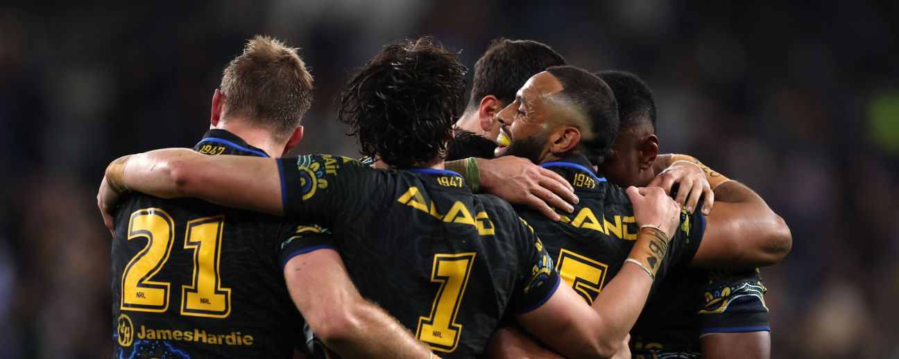 Josh Addo-Carr of the Eels celebrates with team mates — Article image accompanying Cowboys fall in shootout with finals race still open on WagerUp Sports News. Josh Addo-Carr of the Eels celebrates with team mates — Article image accompanying Cowboys fall in shootout with finals race still open on WagerUp Sports News.
