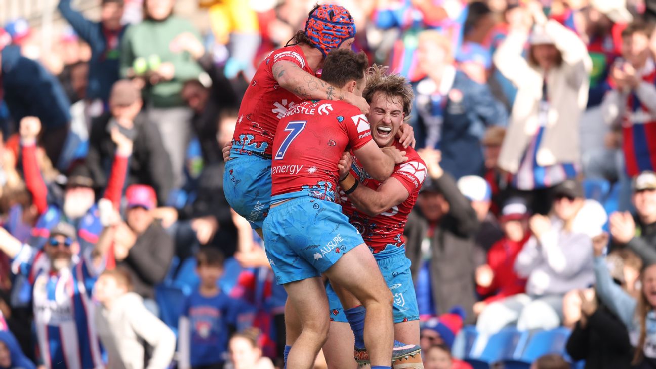 Fletcher Sharpe celebrates a try for the Knights. — Article image accompanying Knights keep Top 4 hopes alive with Titans win on WagerUp Sports News.