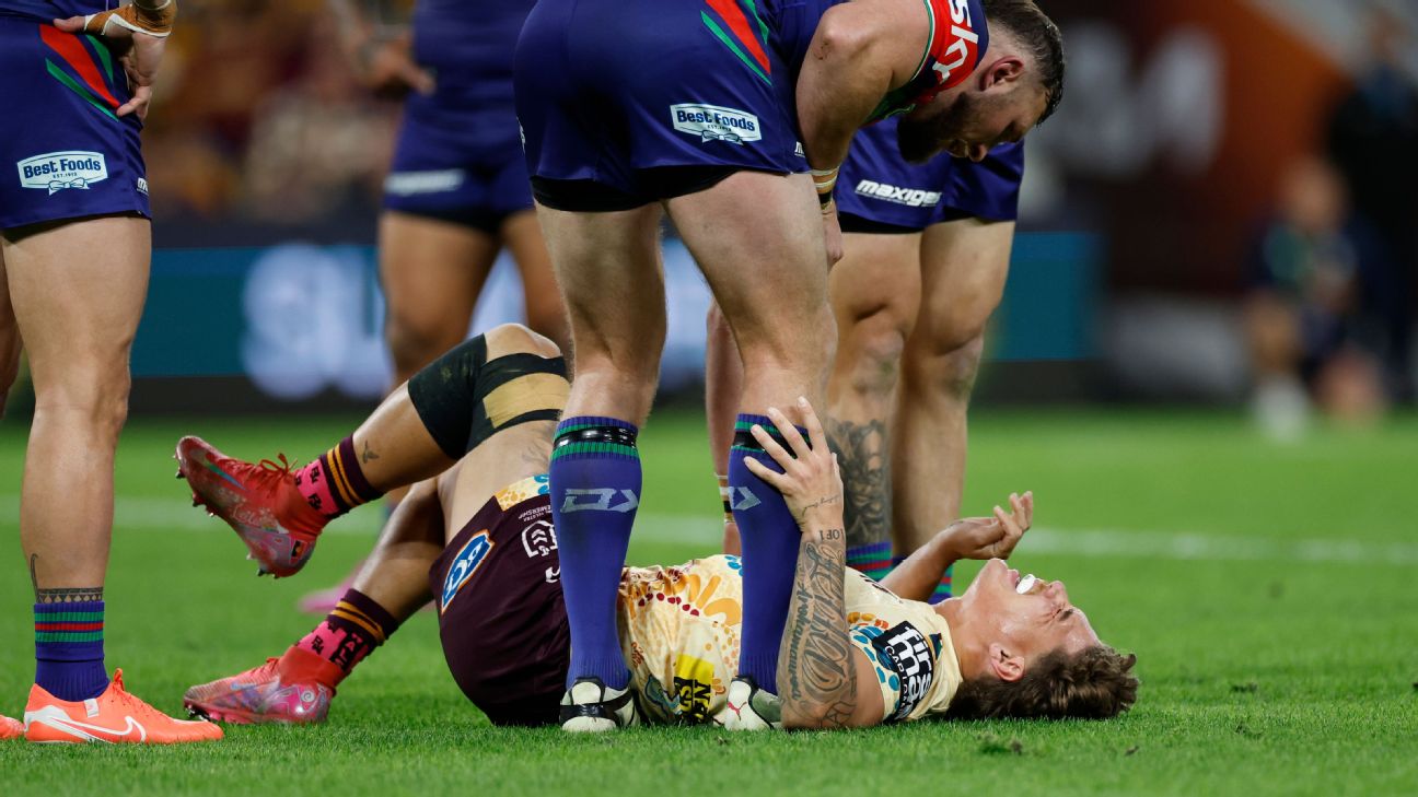Reece Walsh lies injured during the clash with the Warriors. — Article image accompanying What a difference a year makes: Walsh's NRL season over on WagerUp Sports News. Reece Walsh lies injured during the clash with the Warriors. — Article image accompanying What a difference a year makes: Walsh's NRL season over on WagerUp Sports News.