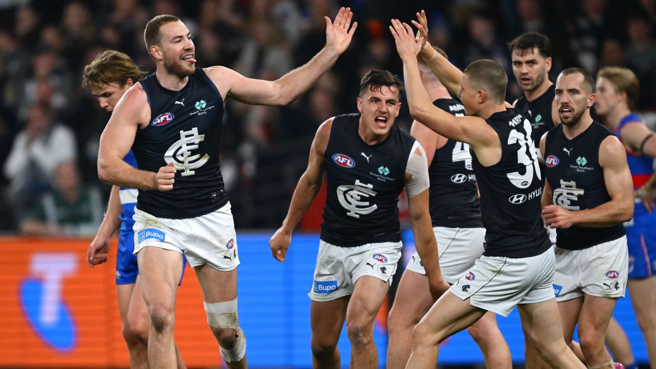 Harry McKay of the Blues is congratulated by teammates after kicking a goal — Article image accompanying Blues draw with Bulldogs to clinch AFL wildcard berth on WagerUp Sports News. Harry McKay of the Blues is congratulated by teammates after kicking a goal — Article image accompanying Blues draw with Bulldogs to clinch AFL wildcard berth on WagerUp Sports News.
