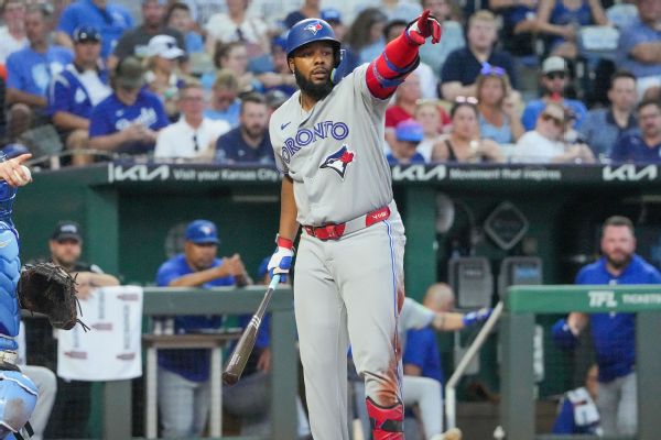 Article image accompanying Blue Jays' Vladimir Guerrero Jr. (back) exits early at Texas on WagerUp Sports News. Article image accompanying Blue Jays' Vladimir Guerrero Jr. (back) exits early at Texas on WagerUp Sports News.