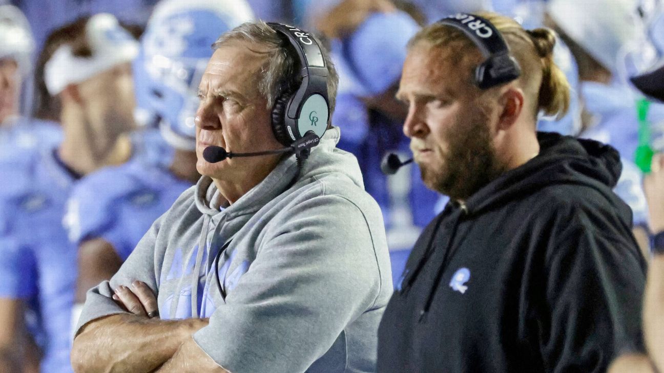 North Carolina defensive coordinator Steve Belichick (right) has been on medical leave since Aug. 6 and will officially resign when that leave ends Oct. 27.