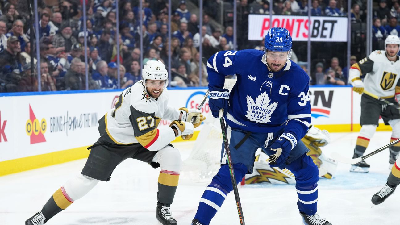 Will Shea Theodore (left) or Auston Matthews (right) bounce back to their past scoring levels? — Article image accompanying Bounce-back picks: The fantasy hockey stars looking to turn back the clock on WagerUp Sports News.