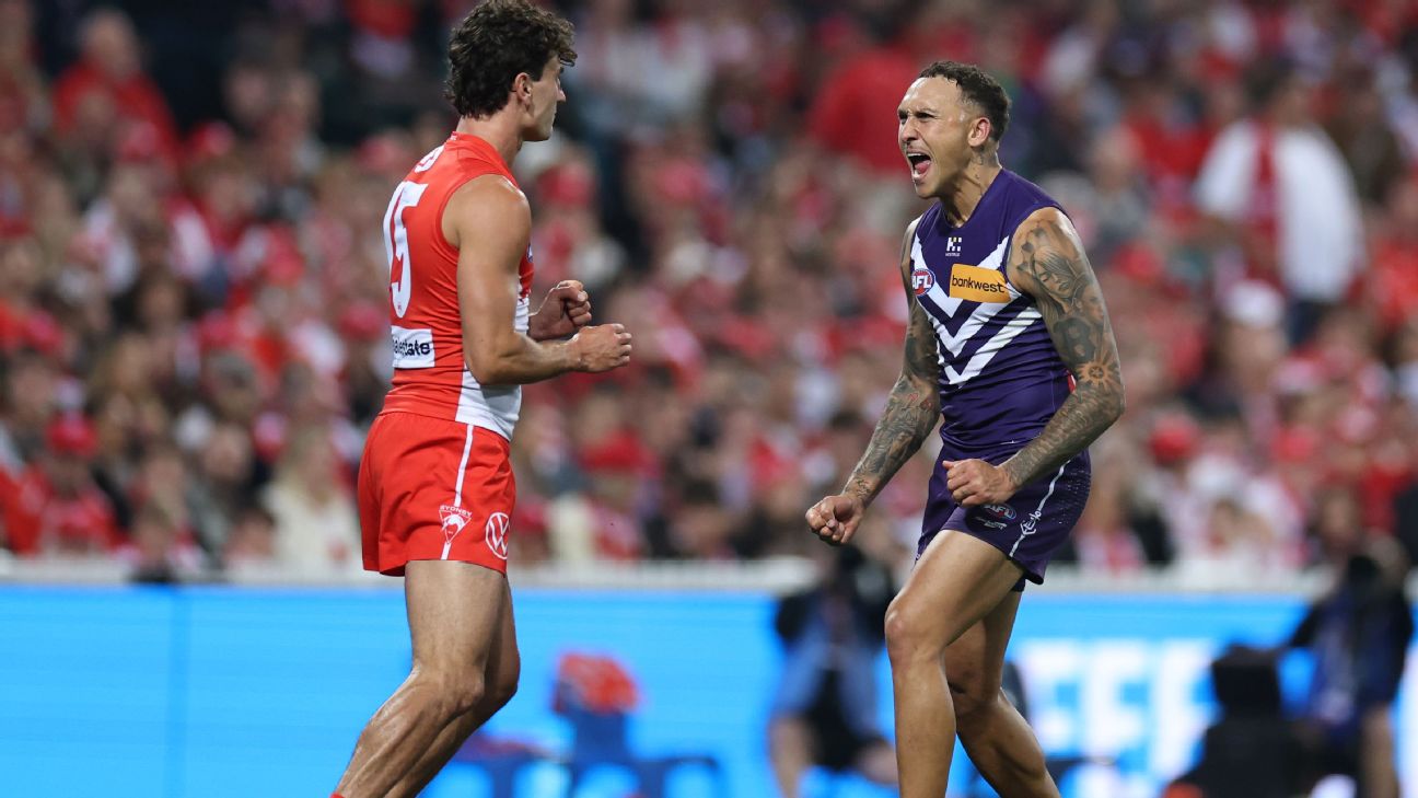 Shai Bolton celebrates a crucial last-quarter goal for the Dockers. — Article image accompanying Flag-winning trio key in Dockers' grand final prep on WagerUp Sports News. Shai Bolton celebrates a crucial last-quarter goal for the Dockers. — Article image accompanying Flag-winning trio key in Dockers' grand final prep on WagerUp Sports News.
