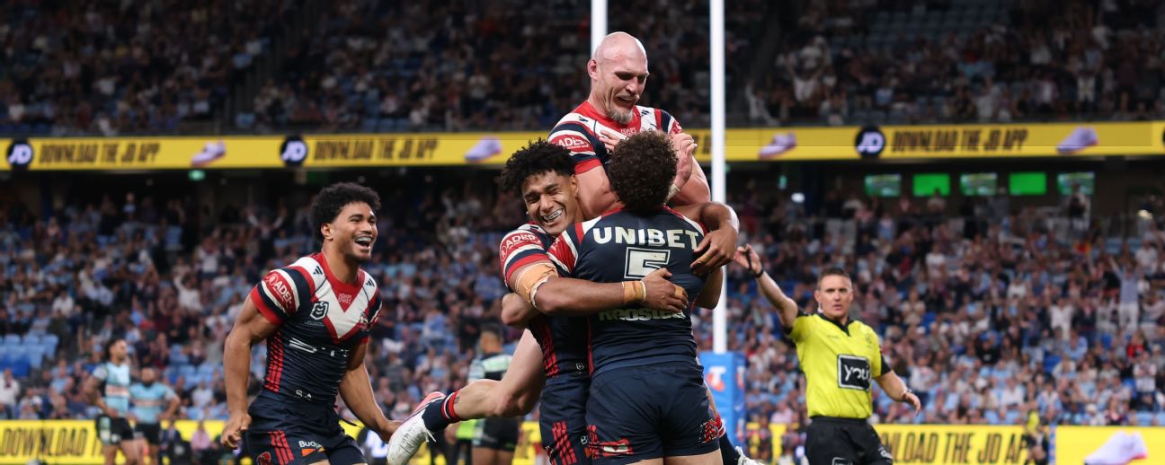 Mark Nawaqanitawase of the Roosters celebrates scoring a try — Article image accompanying Nawaqanitawase says NRL return only with Roosters; won't play World Cup on WagerUp Sports News.
