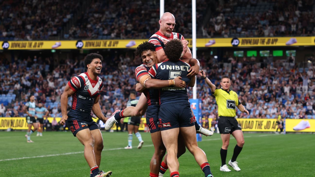 Mark Nawaqanitawase of the Roosters celebrates scoring a try — Article image accompanying Roosters book prelim ticket by mauling Sharks on WagerUp Sports News. Mark Nawaqanitawase of the Roosters celebrates scoring a try — Article image accompanying Roosters book prelim ticket by mauling Sharks on WagerUp Sports News.