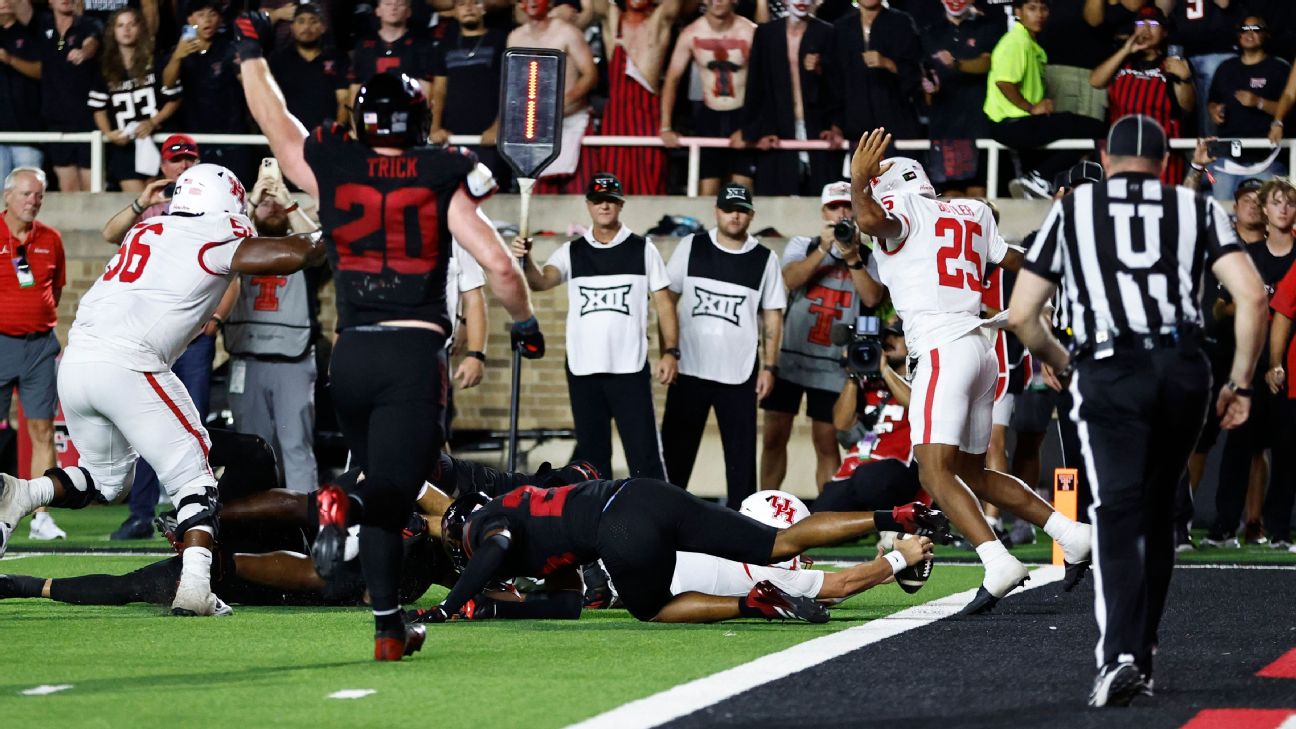 A game-tying 2-point conversion attempt by Houston quarterback Conner Weigman came up inches short with 49 seconds remaining in the Cougars' 28-26 loss to the No. 13 Red Raiders. — Article image accompanying Replay review confirms goal-line stop as Texas Tech tops Houston on WagerUp Sports News.