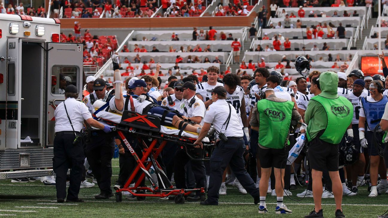Utah State LB Taggart exits in ambulance, has neck injury Utah State LB Taggart exits in ambulance, has neck injury