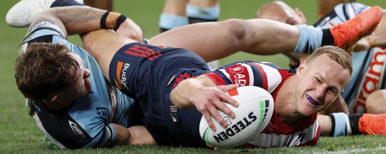 Sydney Roosters' Daly Cherry-Evans scores a try against the Sharks. — Article image accompanying 'Memory of a goldfish': Roosters veteran's finals key on WagerUp Sports News. Sydney Roosters' Daly Cherry-Evans scores a try against the Sharks. — Article image accompanying 'Memory of a goldfish': Roosters veteran's finals key on WagerUp Sports News.