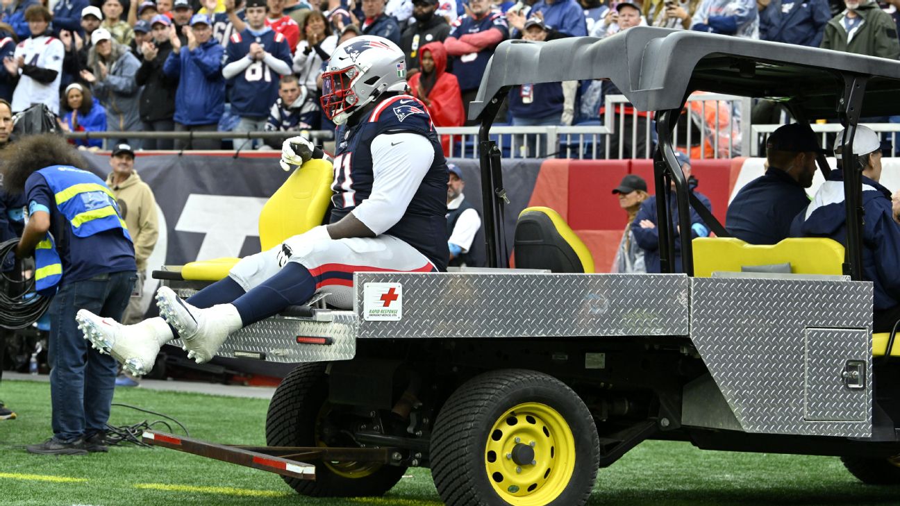 Patriots starting RG Mike Onwenu carted off with ankle injury