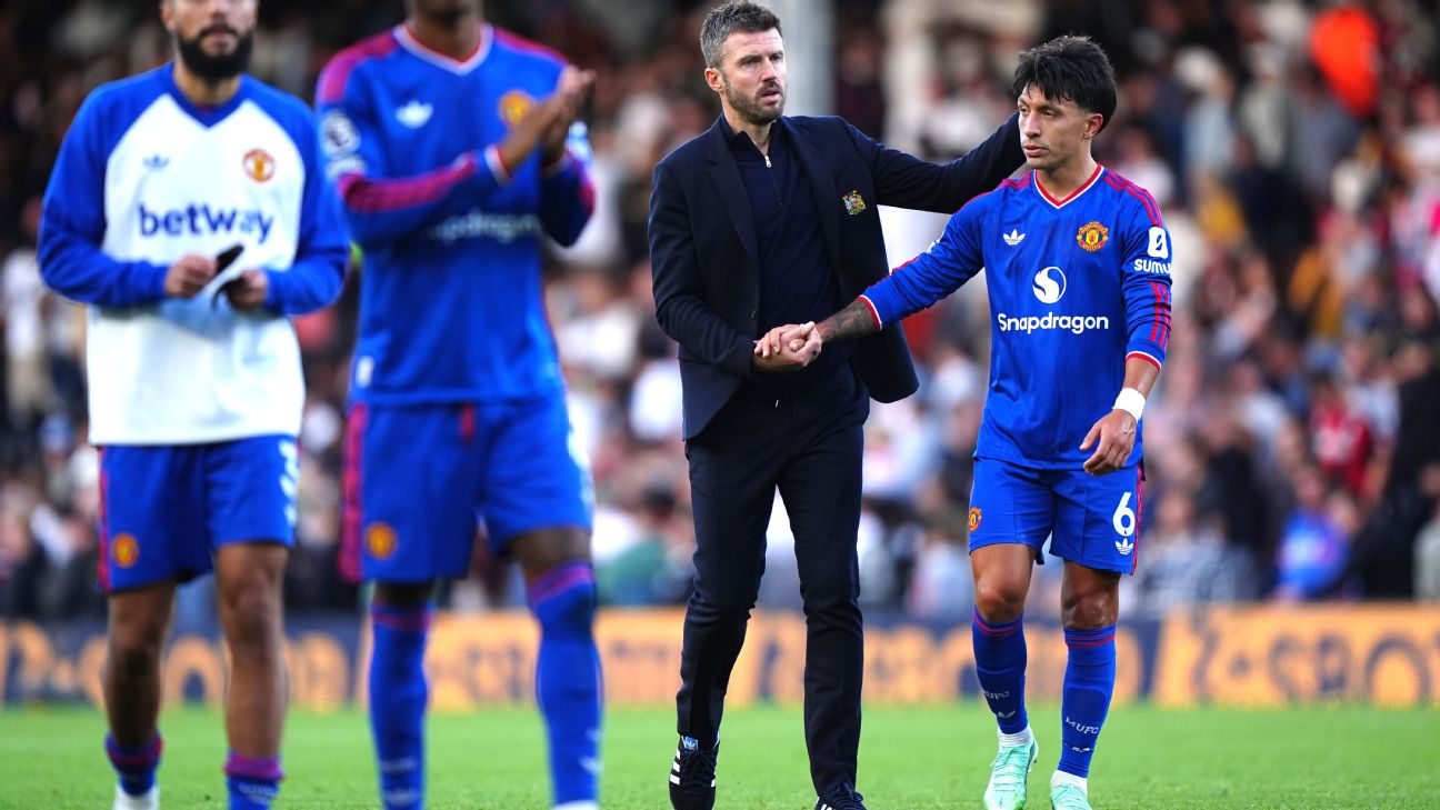 Michael Carrick consoles Lisandro Martinez after Manchester United's draw with Fulham in the Premier League. — Article image accompanying Carrick squashes notion Manchester United are out of shape on WagerUp Sports News. Michael Carrick consoles Lisandro Martinez after Manchester United's draw with Fulham in the Premier League. — Article image accompanying Carrick squashes notion Manchester United are out of shape on WagerUp Sports News.