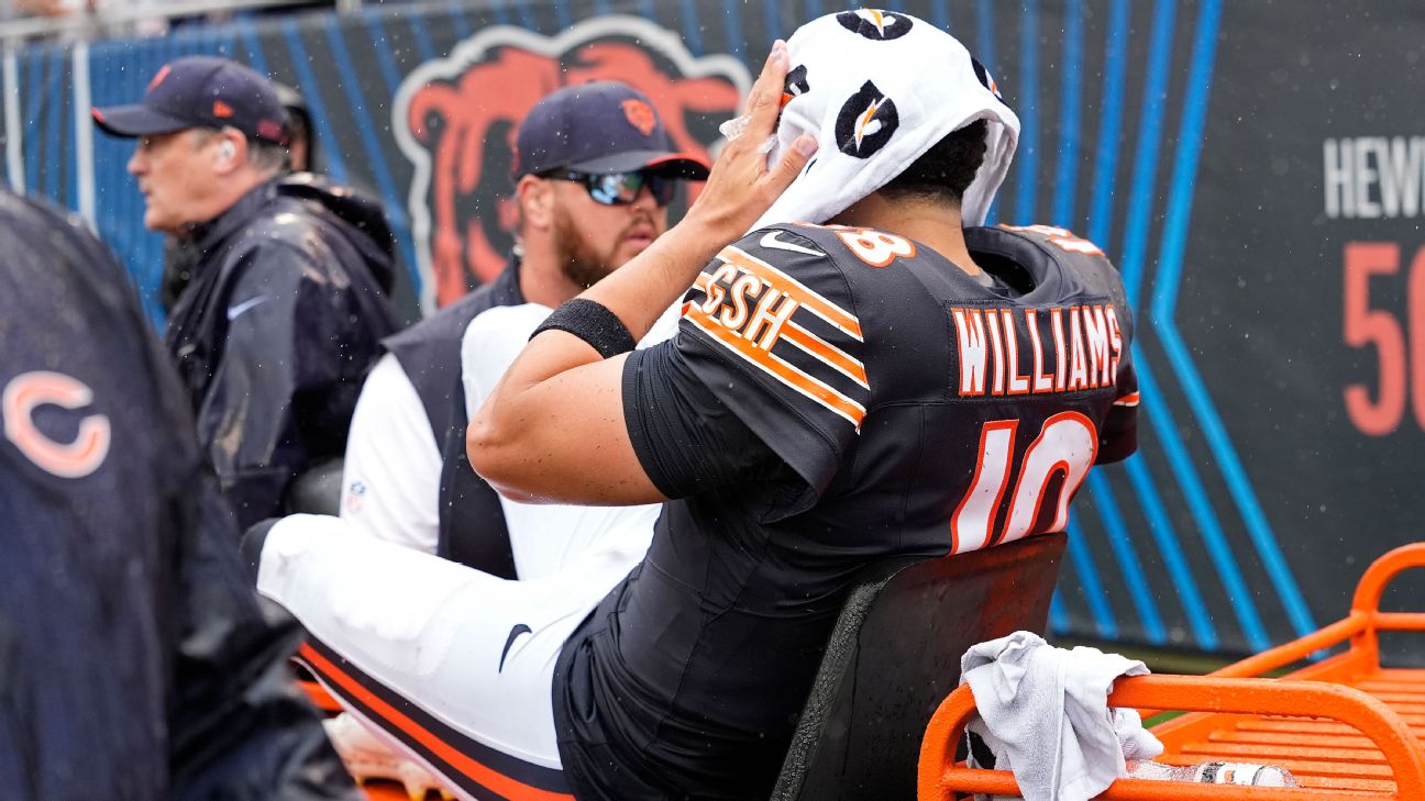 Bears quarterback Caleb Williams left the field on a cart on Sunday after suffering a hamstring injury in the fourth quarter. — Article image accompanying Bears' Caleb Williams leaves on cart after falling on scramble on WagerUp Sports News.
