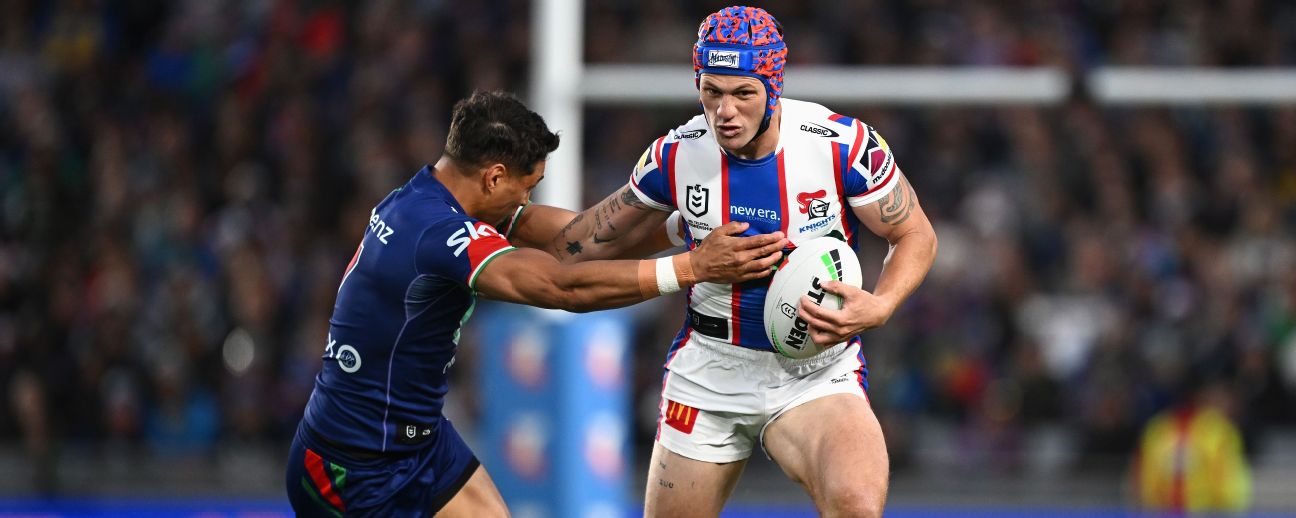 Kalyn Ponga of the Knights takes on the Warriors defence. — Article image accompanying 'We're not done': Ponga, Knights plot Penrith upset on WagerUp Sports News.