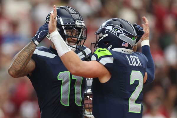 Seahawks coach Mike Macdonald said QB Sam Darnold could return to practice this week and did not rule out him possibly playing next Sunday. In the meantime, backup Drew Lock has Seattle 2-0, with plenty of help from receiver Jaxon Smith-Njigba, left. — Article image accompanying Lock, Smith-Njigba have Seahawks 2-0 with Darnold ahead of schedule on WagerUp Sports News.