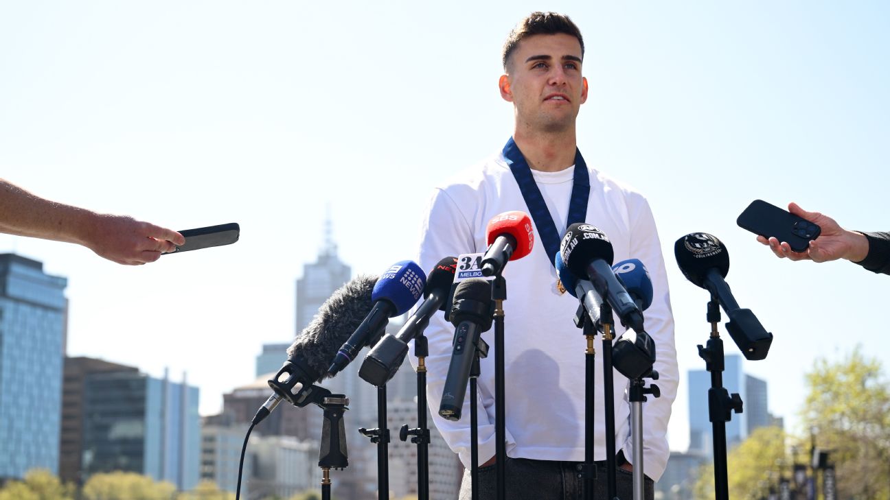 Nick Daicos speaks to the media after winning the 2026 Brownlow Medal. — Article image accompanying Daicos backs Neale to beat ban and play in Grand Final on WagerUp Sports News. Nick Daicos speaks to the media after winning the 2026 Brownlow Medal. — Article image accompanying Daicos backs Neale to beat ban and play in Grand Final on WagerUp Sports News.