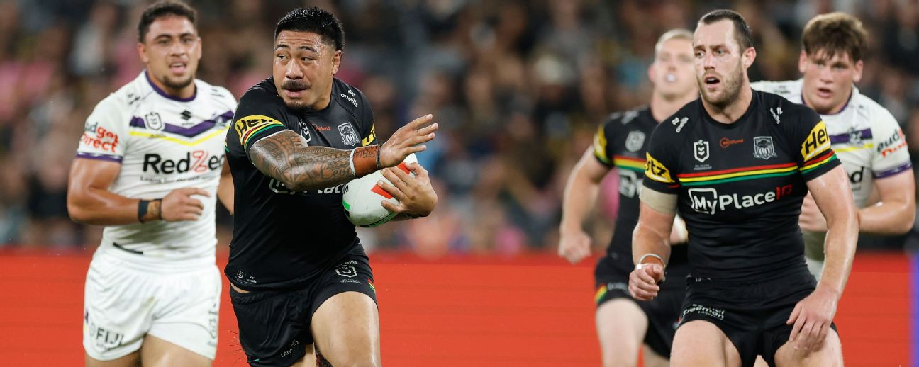 Moses Leota runs the ball with Isaah Yeo in support. — Article image accompanying NRL Midweek Mail preliminary finals: Yeo and Leota keen to stay Panthers on WagerUp Sports News.