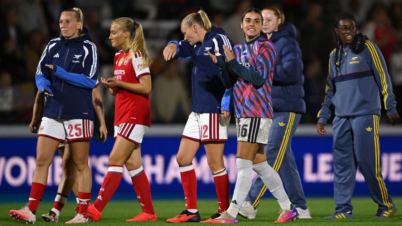 Arsenal players celebrate after scoring a late goal to win their Women's Champions League opener. — Article image accompanying Arsenal wins late, Man City draws at Bayern as UWCL returns on WagerUp Sports News. Arsenal players celebrate after scoring a late goal to win their Women's Champions League opener. — Article image accompanying Arsenal wins late, Man City draws at Bayern as UWCL returns on WagerUp Sports News.