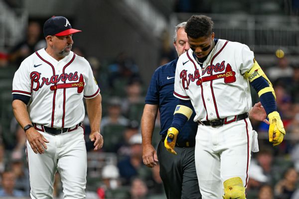 Article image accompanying Braves' Ronald Acuña Jr. day-to-day after fouling ball off leg on WagerUp Sports News. Article image accompanying Braves' Ronald Acuña Jr. day-to-day after fouling ball off leg on WagerUp Sports News.