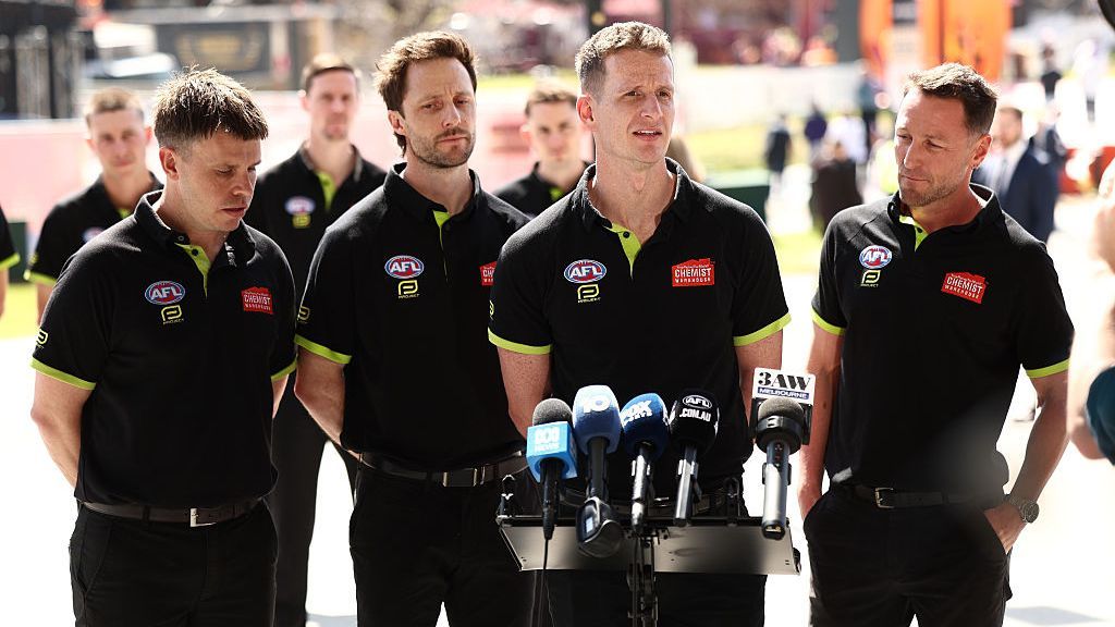 AFL umpire Hayden Meyer speaks to the media ahead of the 2026 Grand Final. — Article image accompanying AFL umpire felt 'threatened, intimidated' by Hawks duo on WagerUp Sports News.