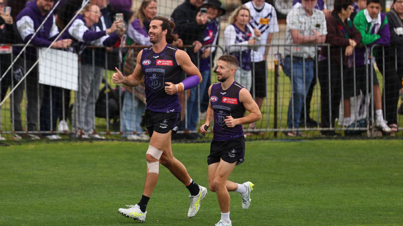 Alex Pearce and Sam Switkowski jog laps at training on Wednesday. — Article image accompanying Switkowski's Freo farewell reaches the grandest stage on WagerUp Sports News. Alex Pearce and Sam Switkowski jog laps at training on Wednesday. — Article image accompanying Switkowski's Freo farewell reaches the grandest stage on WagerUp Sports News.