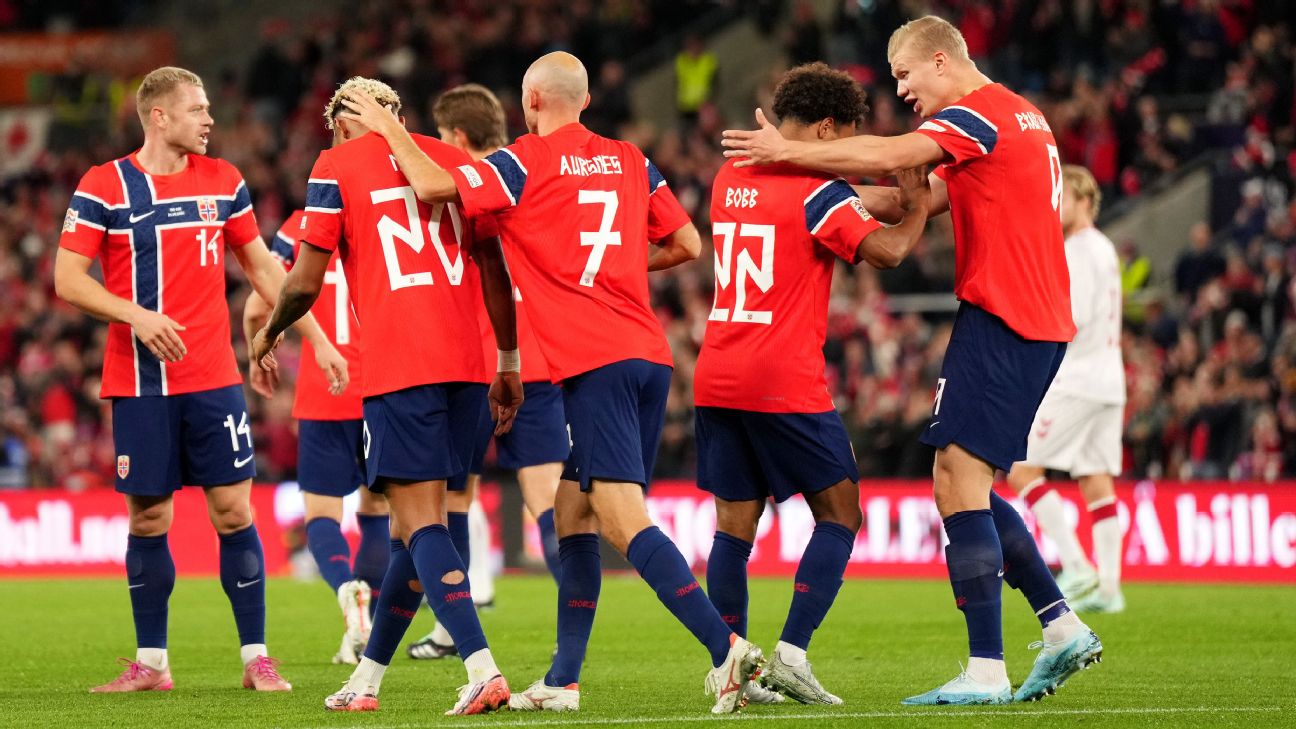 Erling Haaland, far right, celebrates with Norway teammates after scoring a goal against Denmark in the Nations League. — Article image accompanying Haaland continues prolific World Cup form in Norway win over Denmark on WagerUp Sports News. Erling Haaland, far right, celebrates with Norway teammates after scoring a goal against Denmark in the Nations League. — Article image accompanying Haaland continues prolific World Cup form in Norway win over Denmark on WagerUp Sports News.