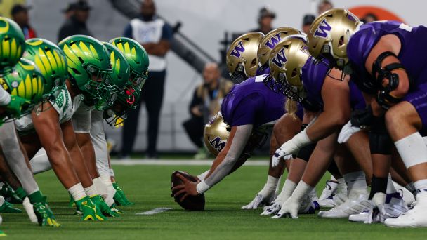 The Washington Huskies offensive line lines up across the Oregon Ducks defensive line at the line of scrimmage during the Pac-12 Championship game at Allegiant Stadium on December 1, 2023 in Las Vegas, Nevada. — Article image accompanying Week 4 boasts most ranked games since 2023 -- will the results match? on WagerUp Sports News.