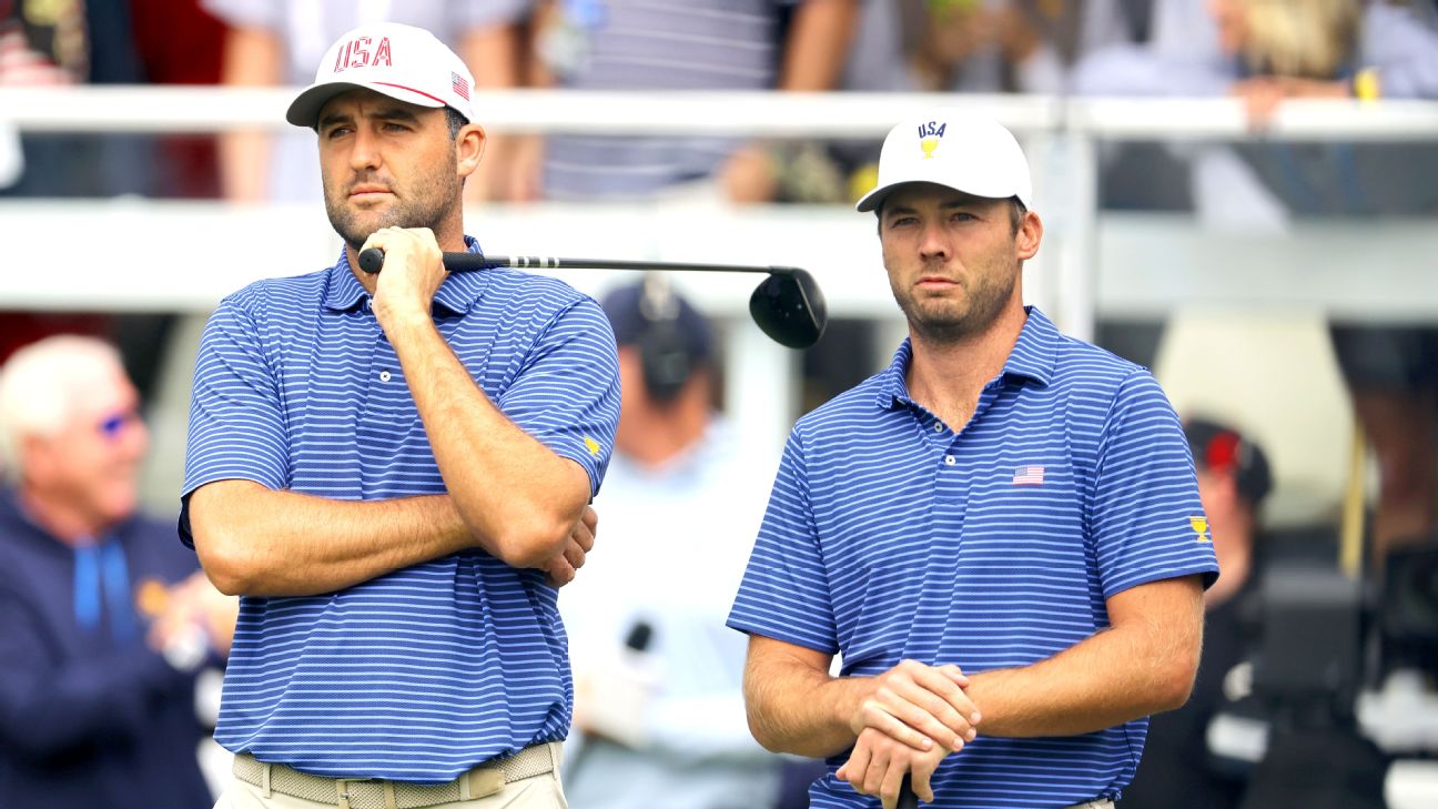 Scottie Scheffler and Sam Burns were 0-3-1 as partners in the Presidents Cup and Ryder Cup before Thursday. — Article image accompanying U.S. leads International team after Day 1 of Presidents Cup on WagerUp Sports News. Scottie Scheffler and Sam Burns were 0-3-1 as partners in the Presidents Cup and Ryder Cup before Thursday. — Article image accompanying U.S. leads International team after Day 1 of Presidents Cup on WagerUp Sports News.