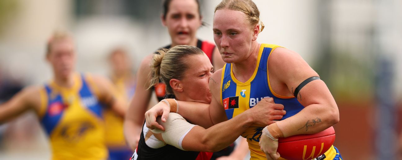 Maddison Gay of the Bombers tackles Lucia Painter of the Eagles. — Article image accompanying AFLW Round 7 tips, team news, fixture, scores -- everything you need to know on WagerUp Sports News.