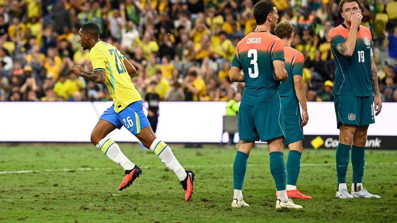 Rayan reacts after his late goal to give Brazil a draw with Australia. — Article image accompanying Ancelotti unhappy with pitch after Brazil draw in Australia on WagerUp Sports News. Rayan reacts after his late goal to give Brazil a draw with Australia. — Article image accompanying Ancelotti unhappy with pitch after Brazil draw in Australia on WagerUp Sports News.