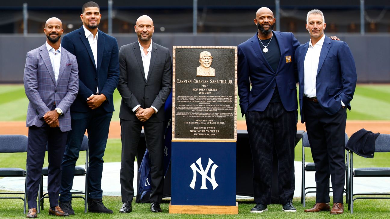 CC Sabathia, second from right, is the fifth member of the 2009 World Series champion Yankees with a retired number and a Monumental Park plaque. — Article image accompanying Yankees honor CC Sabathia with Monument Park plaque, number retirement on WagerUp Sports News. CC Sabathia, second from right, is the fifth member of the 2009 World Series champion Yankees with a retired number and a Monumental Park plaque. — Article image accompanying Yankees honor CC Sabathia with Monument Park plaque, number retirement on WagerUp Sports News.