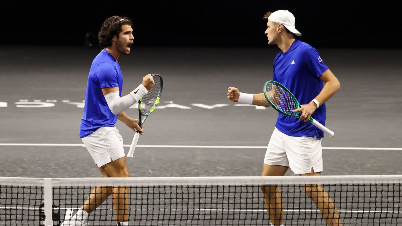 Article image accompanying Alcaraz-Mensik doubles win gives Team Europe 3-1 lead in Laver Cup on WagerUp Sports News. Article image accompanying Alcaraz-Mensik doubles win gives Team Europe 3-1 lead in Laver Cup on WagerUp Sports News.