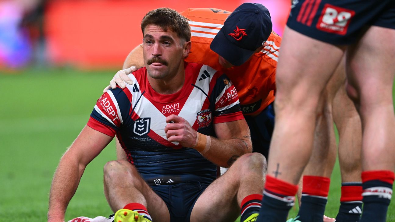 Connor Watson of the Roosters is attended to by a trainer — Article image accompanying Victor Radley cleared, Roosters sweating on Connor Watson on WagerUp Sports News. Connor Watson of the Roosters is attended to by a trainer — Article image accompanying Victor Radley cleared, Roosters sweating on Connor Watson on WagerUp Sports News.