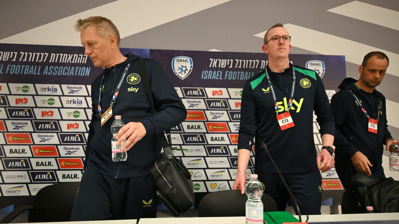 Republic of Ireland head coach Heimir Hallgrimsson, FAI chief executive officer David Courell and FAI director of football John Martin held a news conference on Saturday. — Article image accompanying Republic of Ireland players vote to fulfill Nations League matches against Israel on WagerUp Sports News.