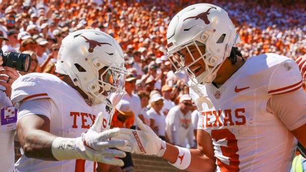 Raleek Brown of the Texas Longhorns is congratulated after scoring a touchdown during a game between the Tennessee Volunteers and the Texas Longhorns at Neyland Stadium on September 26, 2026 in Knoxville, Tennessee. — Article image accompanying Texas' UT jab at Tennessee leads top trolls of college football Week 4 on WagerUp Sports News. Raleek Brown of the Texas Longhorns is congratulated after scoring a touchdown during a game between the Tennessee Volunteers and the Texas Longhorns at Neyland Stadium on September 26, 2026 in Knoxville, Tennessee. — Article image accompanying Texas' UT jab at Tennessee leads top trolls of college football Week 4 on WagerUp Sports News.