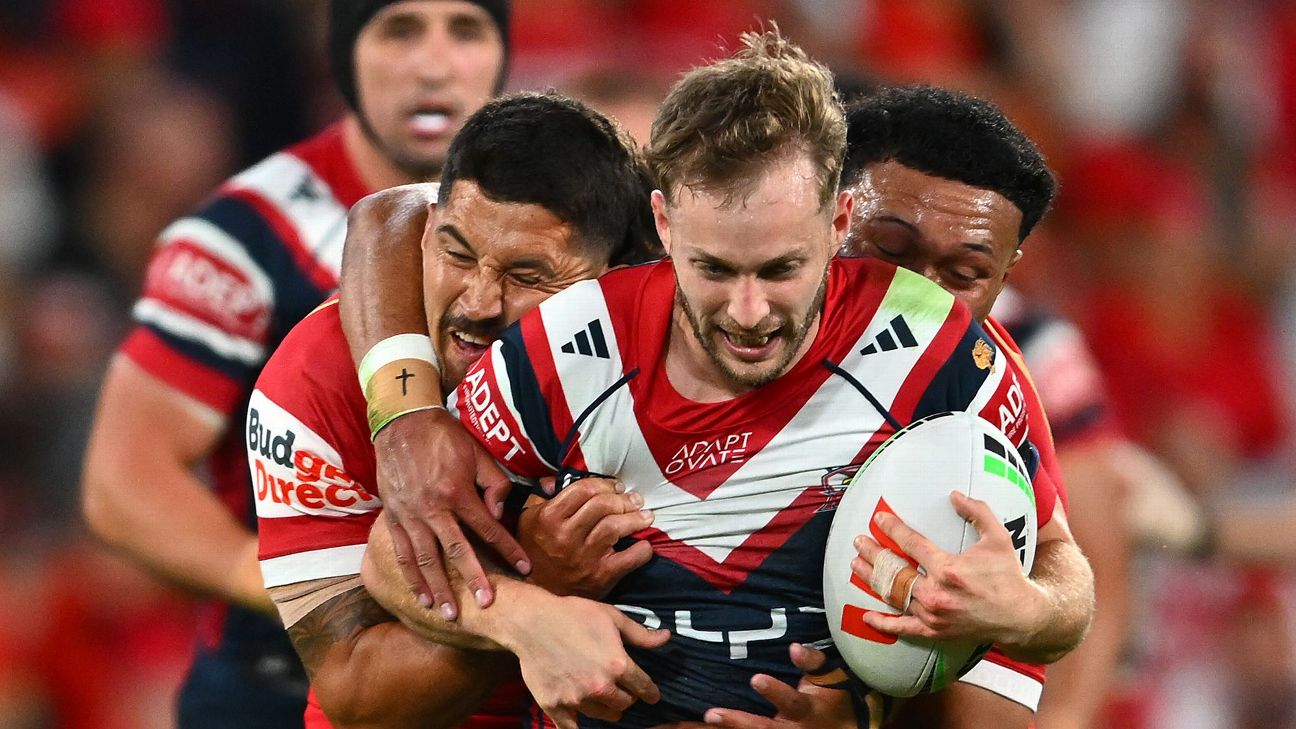 Sam Walker of the Roosters is tackled. — Article image accompanying 'It's done': Walker certain to part ways with Roosters on WagerUp Sports News. Sam Walker of the Roosters is tackled. — Article image accompanying 'It's done': Walker certain to part ways with Roosters on WagerUp Sports News.