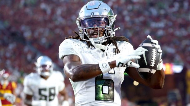 Oregon's Dierre Hill scored a pair of third quarter touchdowns against USC. — Article image accompanying Predicting the College Football Playoff: Who's most likely to make the field? on WagerUp Sports News. Oregon's Dierre Hill scored a pair of third quarter touchdowns against USC. — Article image accompanying Predicting the College Football Playoff: Who's most likely to make the field? on WagerUp Sports News.