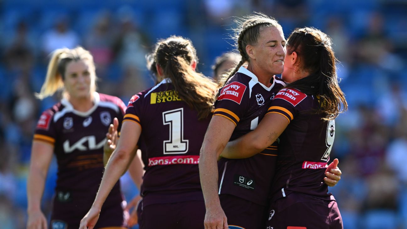 Ali Brigginshaw of the Broncos celebrates victory with Jada Ferguson — Article image accompanying Brisbane through to their fifth NRLW grand final on WagerUp Sports News. Ali Brigginshaw of the Broncos celebrates victory with Jada Ferguson — Article image accompanying Brisbane through to their fifth NRLW grand final on WagerUp Sports News.